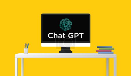 Chat GPT on screen, Artificial intelligence, Chat GPT on black screen with books on table computer table.