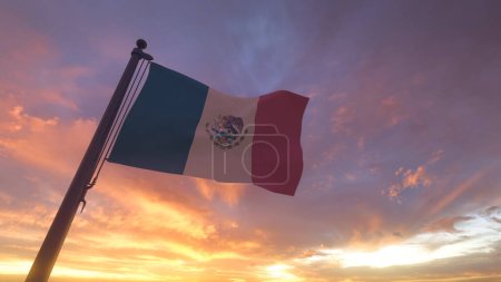 Téléchargez les photos : Mexico Flag on a Pole with Sunset Sunrise Sky Evening Background Mexican bandera - en image libre de droit