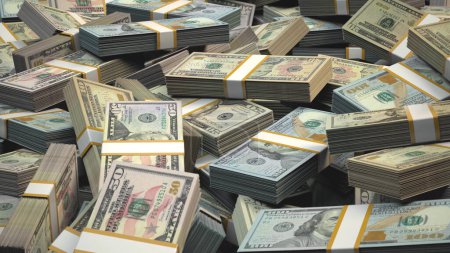 Foto de Pile of USD Money Stacked and Bundled American US Dollar Banknotes in Abundance, 3D Render - Imagen libre de derechos