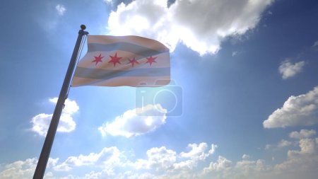 Photo for Chicago Flag (Illinois) waving on a Pole with blue sky and clouds in the background - Royalty Free Image