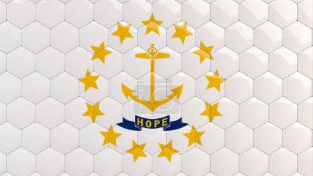 Téléchargez les photos : Résumé Rhode Island State Flag Hexagon Arrière-plan Drapeau d'État américain nid d'abeille carreaux de mosaïque réfléchissants brillants 3D Render Drapeau d'État américain - en image libre de droit