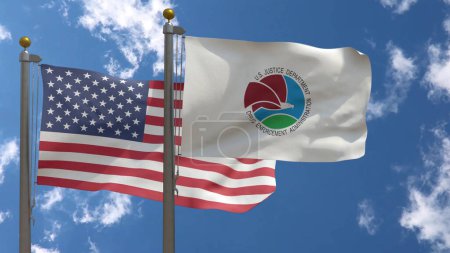 DEA Flag United States Drug Enforcement Administration Flag together with American Flag, USA, Close-up Frontal on a Pole with blue cloudy sky, 3D Render