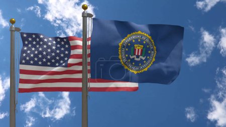 Bandera del FBI junto con American Flag, Estados Unidos, Primer plano frontal en un poste con cielo azul nublado, 3D Render