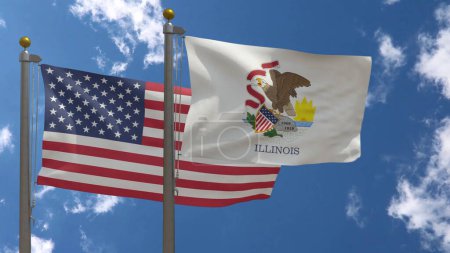 Photo for Illinois State Flag together with American Flag, USA, Close-up Frontal on a Pole with blue cloudy sky, 3D Render - Royalty Free Image