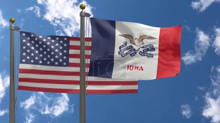 Iowa State Flag und American Flag, USA, Nahaufnahme Frontal auf einem Pol mit blauem bewölkten Himmel, 3D Render