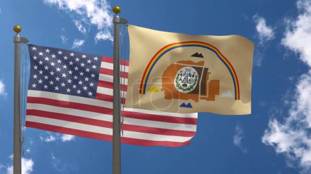 Navajo Nation Flag Native American Flag together with American Flag, USA, Close-up Frontal on a Pole with blue cloudy sky, 3D Render