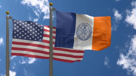 Photo for New York City Flag and American Flag, USA, Close-up Frontal on a Pole with blue cloudy sky, 3D Render - Royalty Free Image
