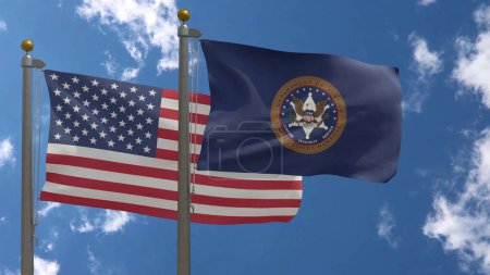 United States Marshals Service Flag together with American Flag, USA, Close-up Frontal on a Pole with blue cloudy sky, 3D Render