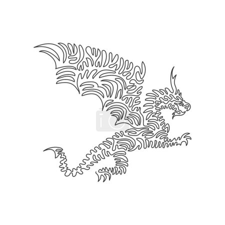 Single one curly line drawing of scary flying dragon abstract art. Continuous line draw graphic design vector illustration of large reptiles possess wings for icon, symbol, company logo, wall decor