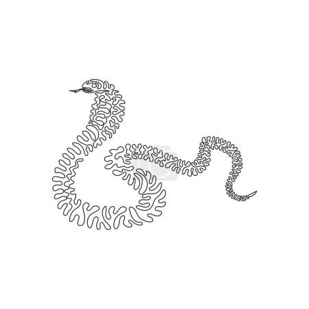 Illustration for Single one curly line drawing abstract art. Cobra expands the neck ribs to form a hood. Continuous line draw graphic design vector illustration of venomous snake for icon, symbol, logo, boho poster - Royalty Free Image
