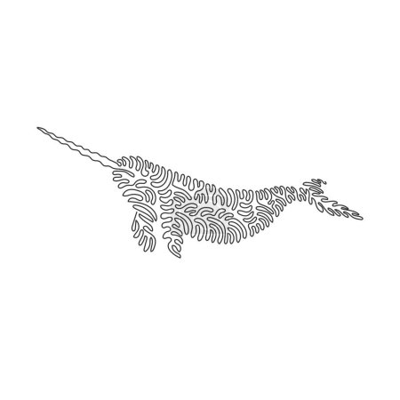 Téléchargez les illustrations : Single one curly line drawing of cute narwhal abstract art. Continuous line draw graphic design vector illustration of beautiful narwhal with long tusks for icon, symbol, logo, boho poster - en licence libre de droit