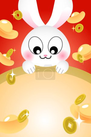 Illustration for Chinese new year greeting card template with rabbit and golden sycees - Royalty Free Image