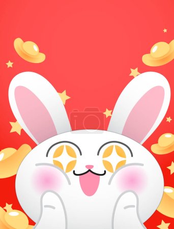 Illustration for Cute chinese new year card with rabbit and gold sycees - Royalty Free Image
