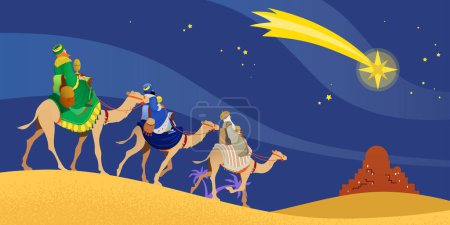 Illustration for The three wise men, Magi, three Kings, Melchior, Caspar and Balthasar, riding camels following the star of Bethlehem. Epiphany celebration vector illustration. Episode of Bible. - Royalty Free Image