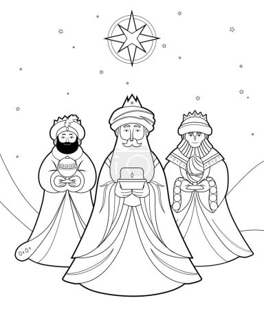 Téléchargez les illustrations : Three Wise men, three magi outline vector illustration for coloring book page for children. Cartoon isolated line art characters, Melchior, Caspar and Balthasar. Nativity or Epiphany celebration. - en licence libre de droit