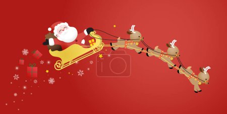 Santa Claus flying on sleigh pulled by reindeers. Christmas banner of presents delivery with sparkles and snowflakes on a red background.