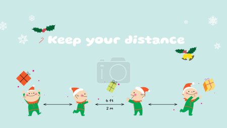 Téléchargez les illustrations : Social distancing during december. Christmas card with elves and gifts. Keep your distance sign. - en licence libre de droit