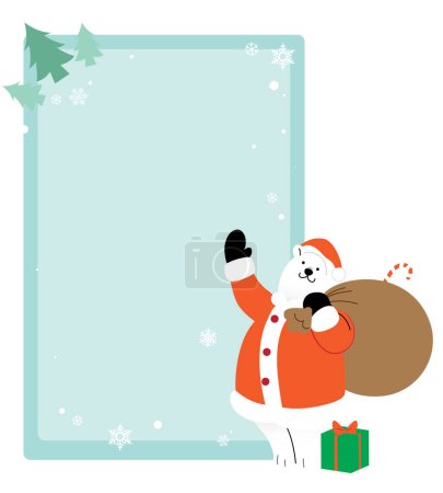 Weihnachts-Vektorkarte Vorlage. Illustration eines weißen Bären im Weihnachtsmannkostüm, der mit einem riesigen Sack voller Geschenke winkt. Wunschzettel-Leerzeichen-Vorlagenvektor.