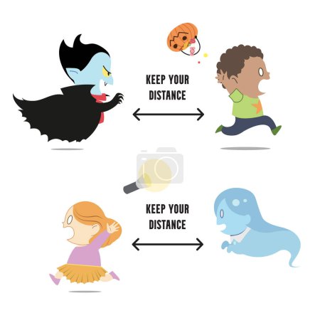 Téléchargez les illustrations : Keep your distance during Halloween. Preventing from covid19 by social distancing/ physical distancing.  Kids chased by monsters. - en licence libre de droit