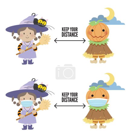 Téléchargez les illustrations : Witch and Pumpkin. Social Distancing during Halloween. Preventing from covid-19 by social distancing. - en licence libre de droit