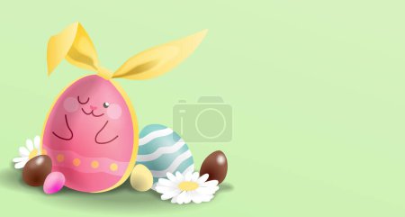 Ilustración de Happy Easter Day greetings background illustration vector. Colorful chocolate eggs with ribbon with an egg decorated as an easter bunny on a flat light background. Easter sales background template. - Imagen libre de derechos