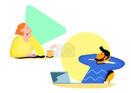 Téléchargez les illustrations : Two isolated characters relaxing at their desk. Isolated flat vector illustrations. Pensive woman sitting at her desk with a mug. Pensive man at his desk in front of his laptop.Characters thinking. - en licence libre de droit