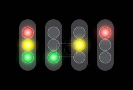 Ilustración de Traffic lights vector clipart set lightning on black background. Urban equipment for road. Warning symbol or stop symbol. - Imagen libre de derechos
