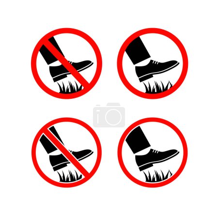 Illustration for Do not walk on grass sign with shoe icon vector symbol. Shoe stepping on grass interdiction symbol vector in crossed out circle. - Royalty Free Image