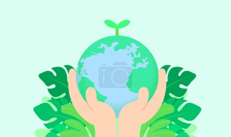 Illustration for International Earth Day or World environment celebration vector illustration. Concept of environment protection, ecology, eco-friendly green behavior and protection of nature. Hands holding Earth. - Royalty Free Image