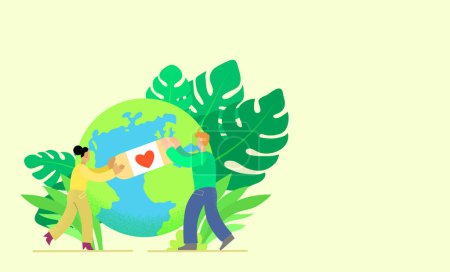 Illustration for Earth Day or World Environment Day vector illustration. Concept of ecology and protection of environment. Healing and taking care of the earth and nature. Man and woman putting band-aid on globe. - Royalty Free Image