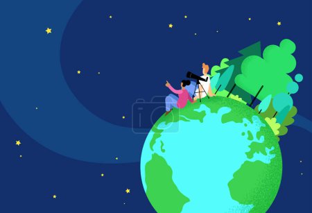 Ilustración de Happy Earth day or World Environment day celebration vector illustration. Concept of ecology, protection of environment and nature. Globe viewed from space. Two characters looking at the starry sky. - Imagen libre de derechos