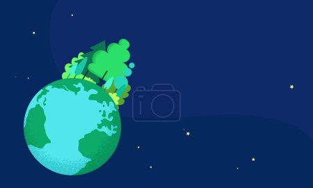 Illustration for Happy Earth day or World Environment day celebration vector illustration. Concept of ecology, protection of environment and nature. Globe with green continents and trees viewed from space. - Royalty Free Image
