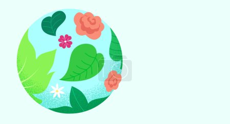 Illustration for Happy Earth day or World Environment day celebration vector illustration. Concept of ecology, protection of environment and nature. Globe with continents drawn by green leaves and flowers. - Royalty Free Image
