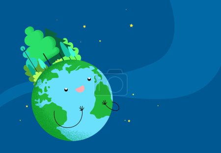 Illustration for Happy Earth Day or World Environment Day celebration vector illustration. Concept of ecology, protection of nature and environment. Smiling globe with trees viewed from space in a starry sky. - Royalty Free Image