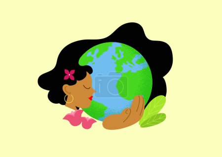 Illustration for Happy Earth day or World environment day celebration vector. Concept of ecology, protection of nature and environment and eco-friendly behavior. Beautiful woman holding globe with decorative plants. - Royalty Free Image