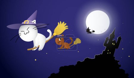 Illustration for Halloween vector background illustration. Cute cats disguised as witches flying with brooms with a dark haunted castle in background and full moon. Witches flying in the sky at night. - Royalty Free Image