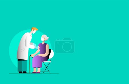Illustration for COVID-19 Coronavirus vaccination international campaign flat vector illustration. Man doctor holding a syringue vaccinating an old lady. Two people wearing a face mask.Vaccination of the elderly. - Royalty Free Image
