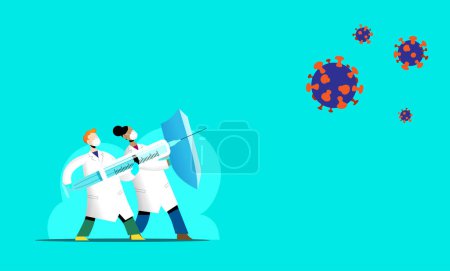Illustration for Vaccination campaign vector flat illustration against covid-19. A team of doctors fighting coronavirus. Two doctors wearing protective KN95 or FFP2 masks, holding a syringe and a shield. - Royalty Free Image