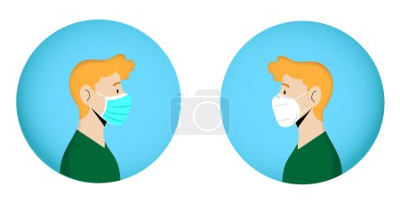Illustration for Young caucasian man wearing different types of disposable mask, surgical mask and FFP2 KN95 mask. Flat vector illustration isolated. Close-up, profile of a man. - Royalty Free Image