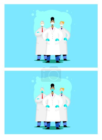 Ilustración de Team of doctors wearing ffp2 kn95 masks and surgical blue masks vector flat illustration. Isolated characters, masks can be removed. Concept of working together against covid-19 pandemic. - Imagen libre de derechos