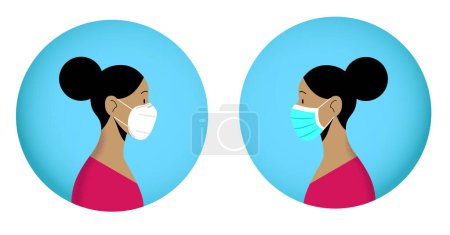 Ilustración de Young black woman wearing different types of disposable masks, surgical mask and FFP2 KN95 mask.Close-up, isolated flat vector depicting the profile of a woman. - Imagen libre de derechos