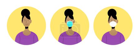 Ilustración de Face of young black woman flat vector set illustration, wearing a disposable surgical blue mask and a FFP2 KN95 white mask. Isolated character close-up. Protecting yourself during covid-19 pandemic. - Imagen libre de derechos