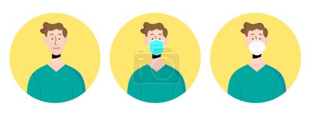 Ilustración de Young man face vector set flat illustration, wearing a protective surgical blue mask and a FFP2 KN95 white mask. Protecting yourself during covid-19 pandemic. Isolated character portrait. - Imagen libre de derechos