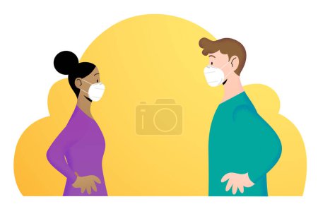 Illustration for Young woman and man profile face to face, wearing protective FFP2 KN95 white masks. Masks are isolated from characters and can be removed to reveal bare faces. Protect from covid-19 pandemic. - Royalty Free Image