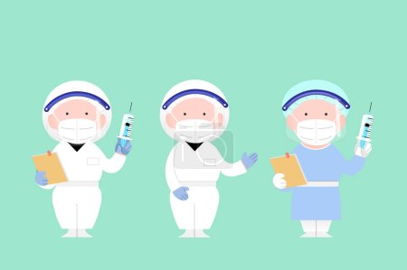 Set aus drei flachen Vektorillustrationen eines Arztes in verschiedenen Posen und Kleidern. Illustration der internationalen Impfkampagne COVID-19. Arzt mit Impfspritze und ffp2-Gesichtsmaske