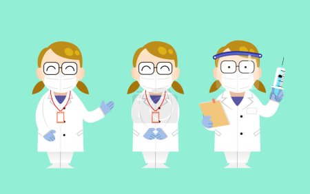 Illustration for Set of three flat vector illustration. COVID-19 international vaccination campaign isolated character. Woman doctor in different poses holding a syringe of vaccine and wearing protective ffp2 mask. - Royalty Free Image