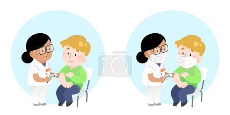 International vaccination campaign against covid-19 or influenza vector illustration. Isolated characters, with or without masks. Woman doctor vaccinating sitting patient. Vaccine inoculation.