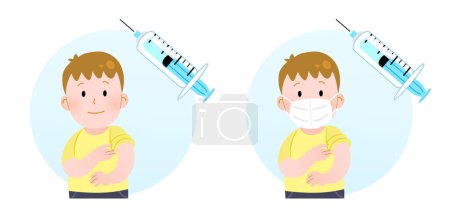 Illustration for Young child patient getting vaccinated with syringe. Isolated character vector illustration.  International vaccination campaign for children. Boy with and without ffp2 white mask showing his arm. - Royalty Free Image