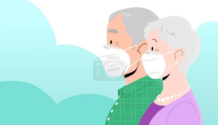 Ein Paar alter Männer und Frauen in Nahaufnahme, die weiße FFP2 KN95 Masken tragen. Charaktere isoliert. Masken können entfernt werden. Schutz vor Coronavirus-Pandemie.