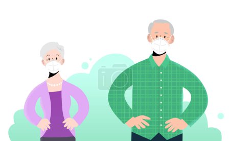 Illustration for Couple of old man and woman front view portrait flat vector, wearing protective white ffp2 or kn95 masks. Characters isolated. Masks can be removed. Hands on hips pose. Protection against coronavirus. - Royalty Free Image